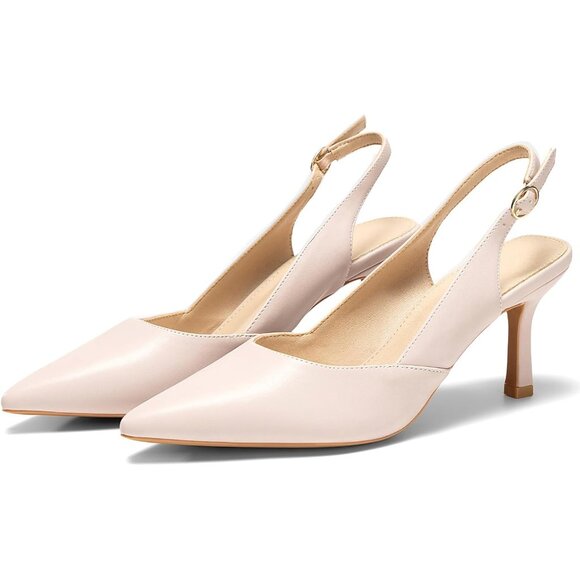 Women's Light Pink Faux Leather Pointed Toe Slingback Stylish Buckle Pump Shoes - Picture 4 of 6